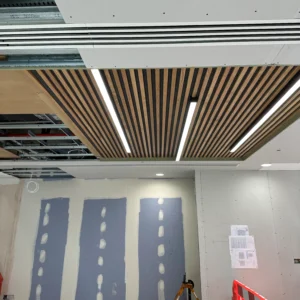 Timber slat ceiling installation with MF recessed ceiling detail and allowances for future finishes (commercial fit-out)
