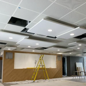 Ecophon acoustic ceiling panels being installed and coordinated with an electrician on a commercial fit-out project
