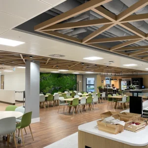 Bespoke timber frame ceiling integrated with suspended ceiling grid in a shared office space