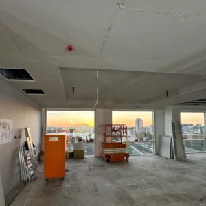 MF ceiling sealing detail with services completed and a formed recess for acoustic ceiling seal (commercial fit-out)